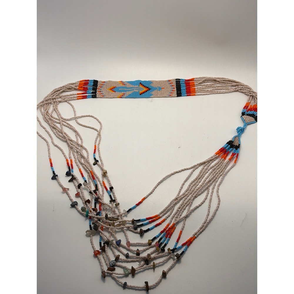 Vintage Southwestern Multi Strand Seed Bead Thunderbird Necklace Stone Chips